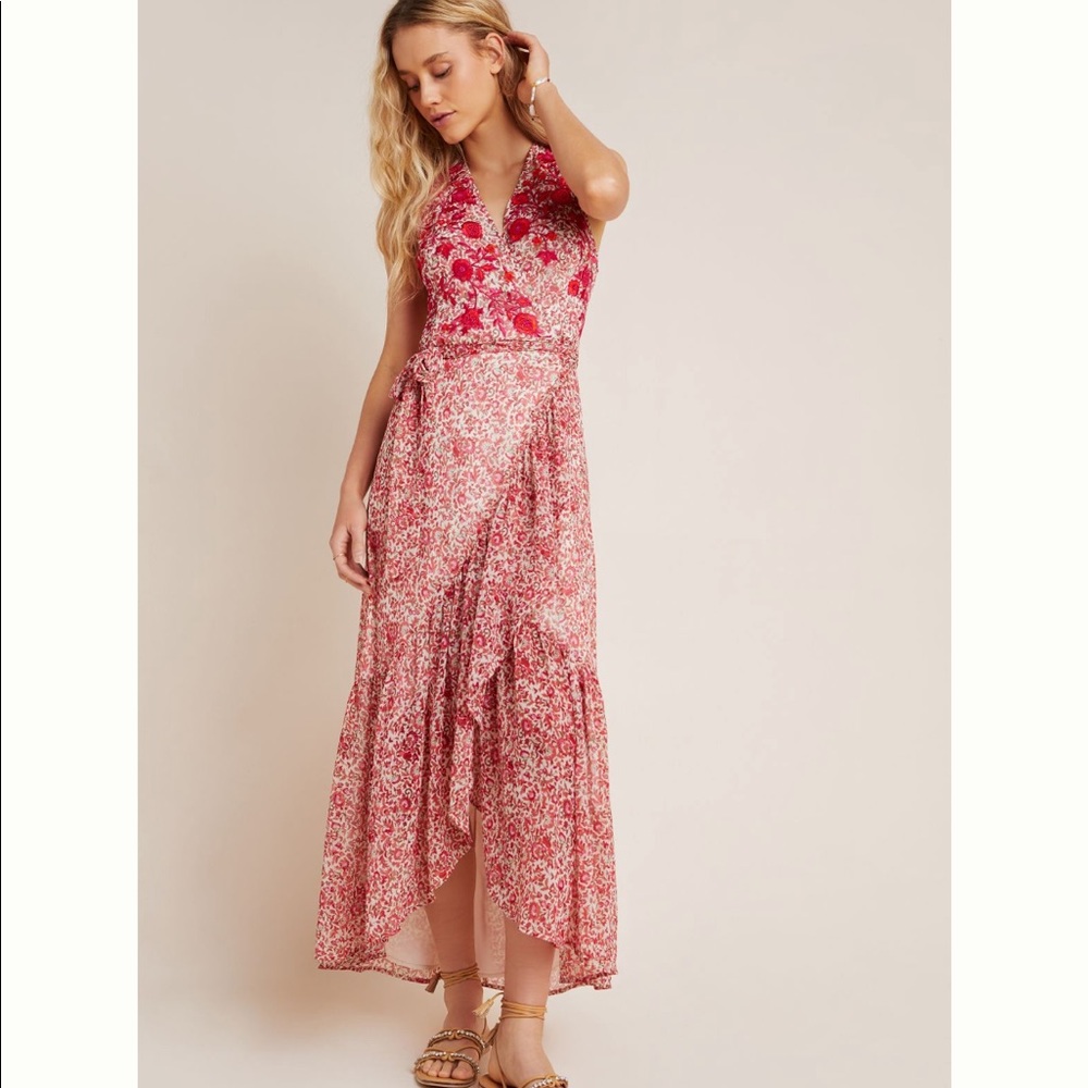 Anthropologie Ranna Gill Embroidered Wrap Maxi Dress like new size small